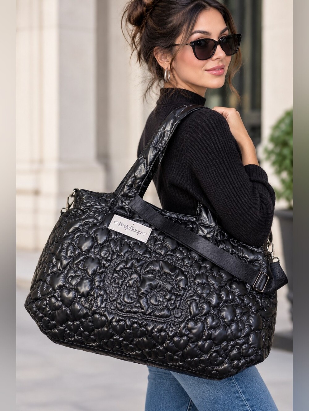 Betty Boop Tote Bag Quilted Dark Gray Heart Crossbody Travel Nylon Shoulder Bag
